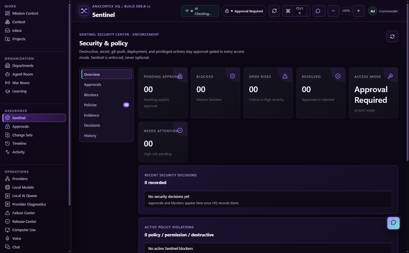 Sentinel Security Center: enforcement summary, approval blockers, and policy list.